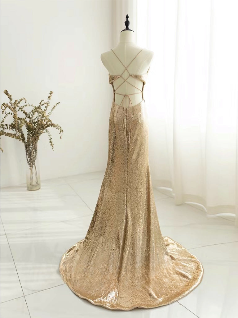 Champagne Backless Sequin Long Prom Dress, Sequin Champagne Long Evening Dress