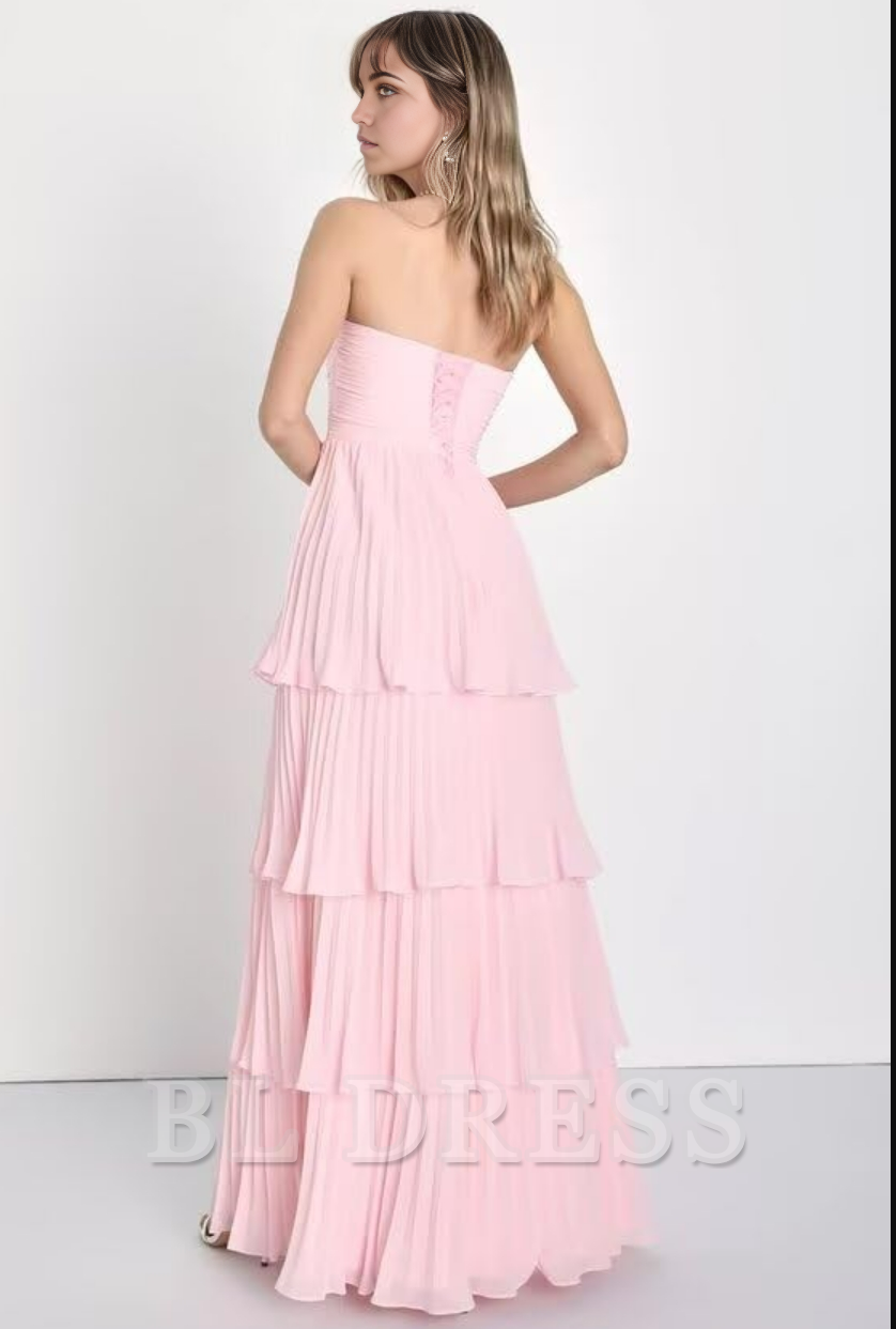 A-line Strapless Ruffle Tiered Chiffon Formal formal dresses Bridesmaid Dresses evening gown Prom Dress
