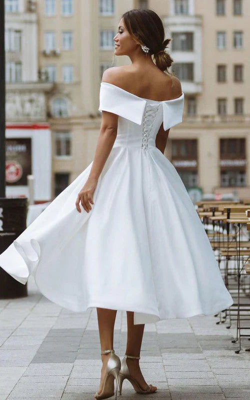 Aimishang Elegant A-Line Satin Tea Length White Off the Shoulder Wedding Dress