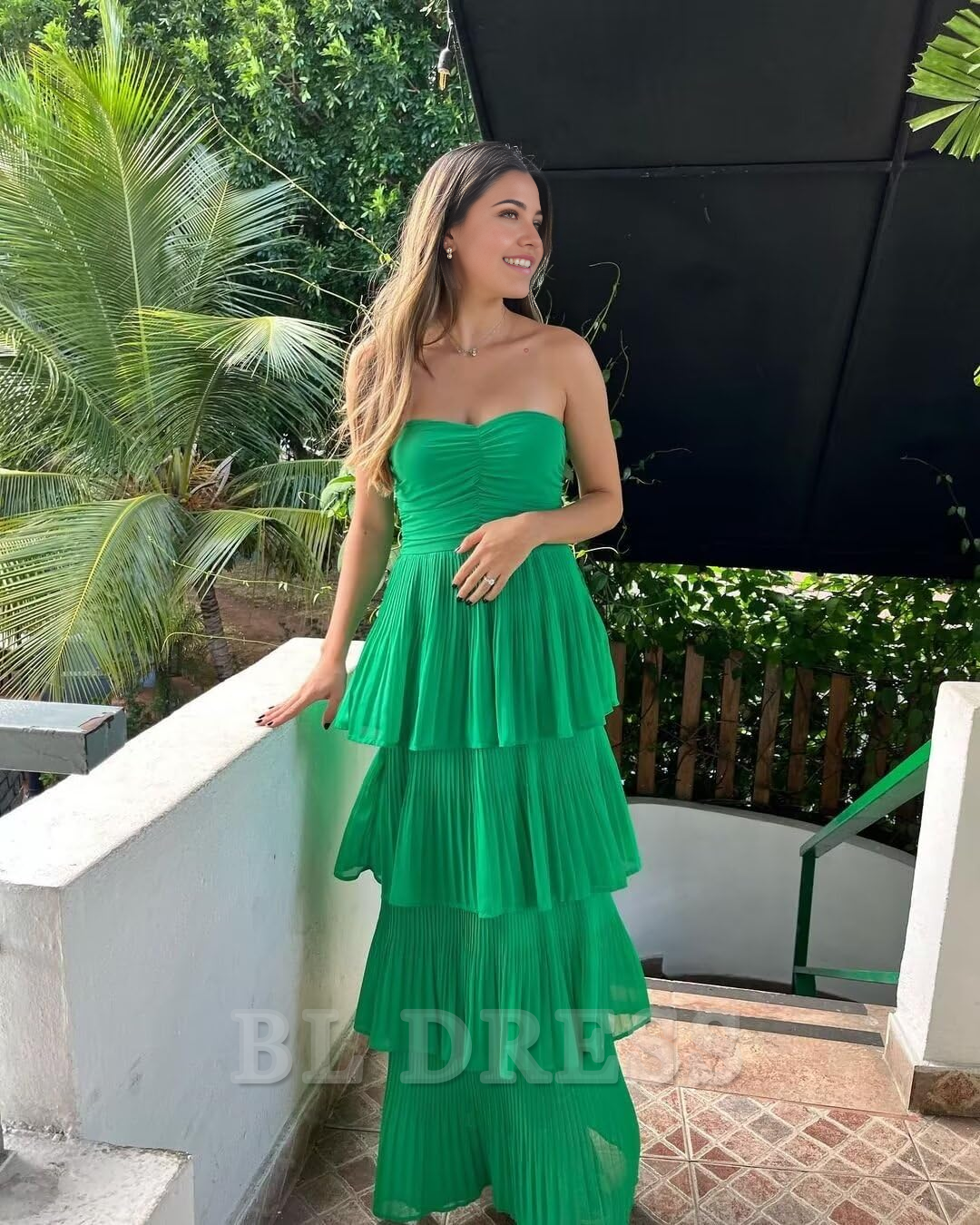 A-line Strapless Ruffle Tiered Chiffon Formal formal dresses Bridesmaid Dresses evening gown Prom Dress