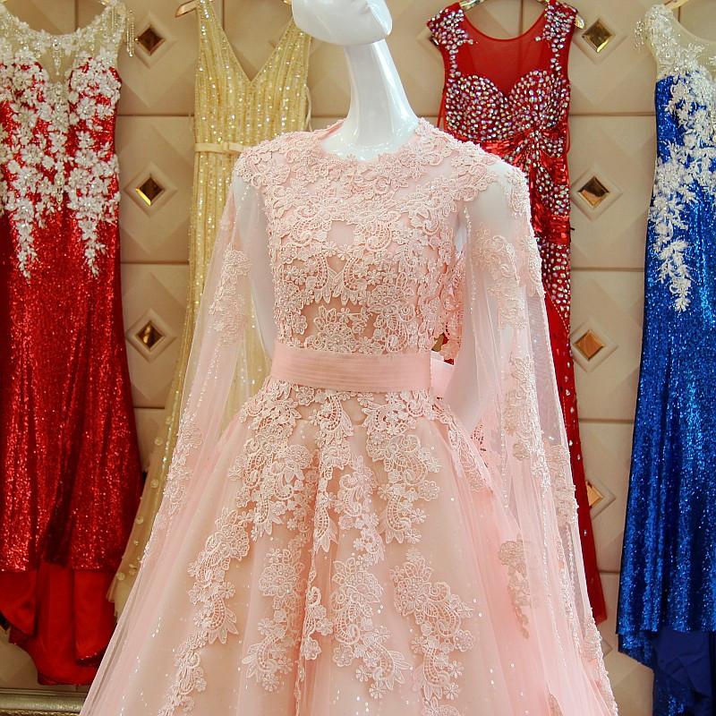 Pink Lace Long Sleeves Prom Dresses 2017
