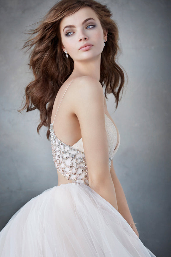 Long Spaghetti Straps A-line Empire White Wedding Dress with Beads