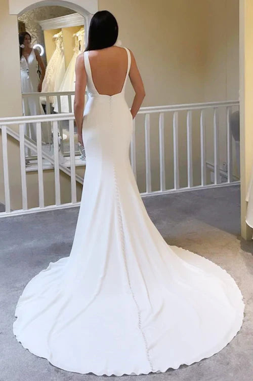 Aimishang Elegant Ivory Plunge V Open Back Mermaid Long Wedding Dress Floor Length