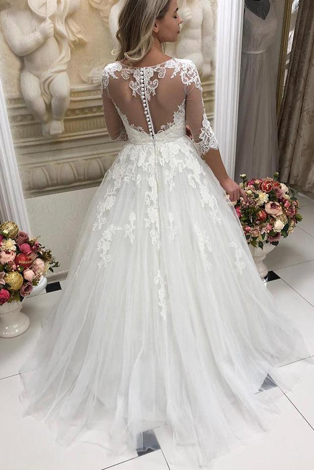 Long Half Sleeves A-line White Wedding Dress with Appliques