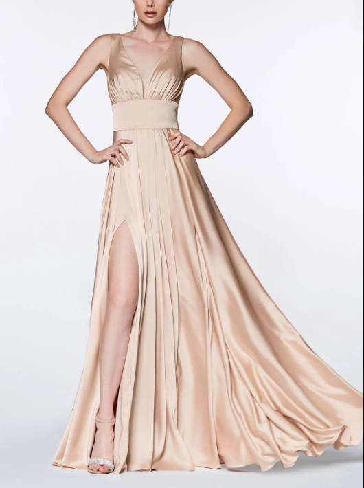 Aimishang Elegant Formal Women's Dresses Evening Wear Long Satin V-Neck Dress with Slit