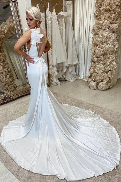 Aimishang Elegant White Satin Backless Mermaid Wedding Dress with Flowers