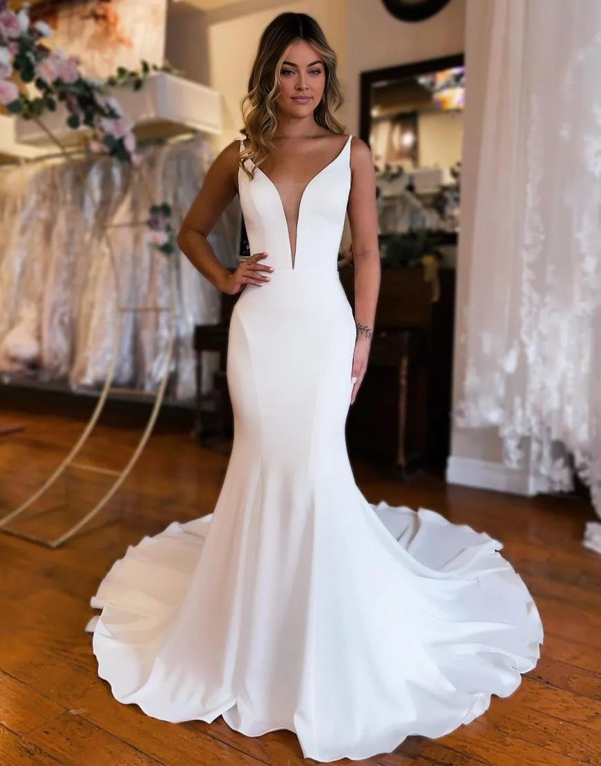 Aimishang Wedding Dress Mermaid Open Back Satin Court Train