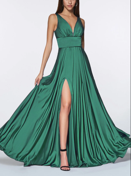 Aimishang Elegant Formal Women's Dresses Evening Wear Long Satin V-Neck Dress with Slit