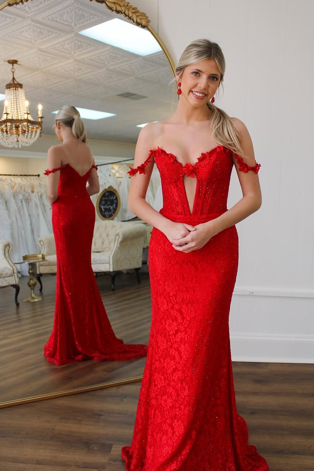Off the Shoulder Red Lace Long Mermaid Prom Dresses