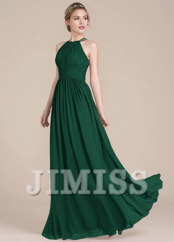 Ruffled A-line scoop neck floor-length chiffon prom dress