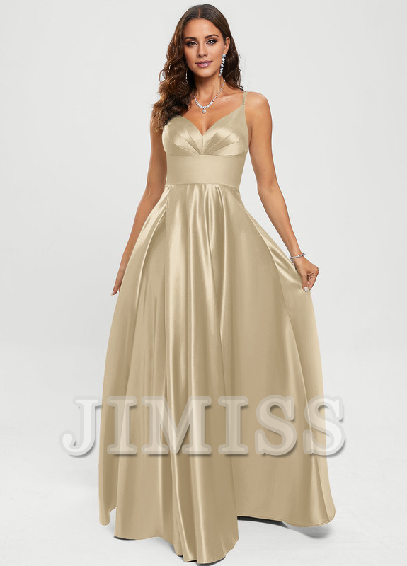 A-line V-neck floor-length satin prom dress