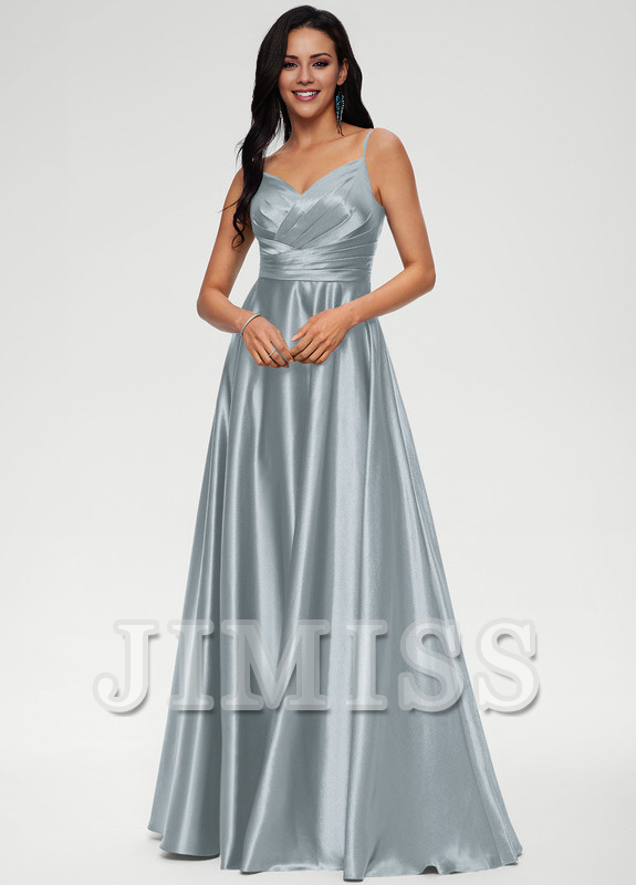 A-line V-neck floor-length satin prom dress