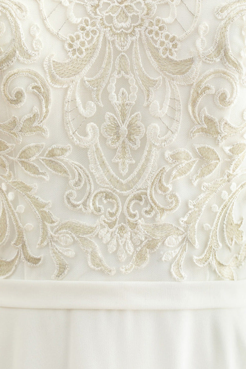 A-line high neck and sleeveless lace chiffon wedding dress