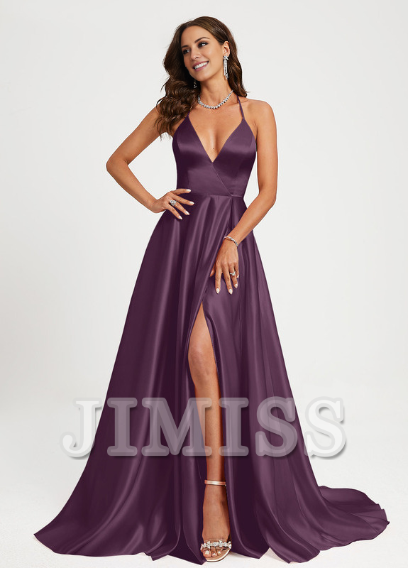 A-line V-neck floor-sweeping satin prom dress