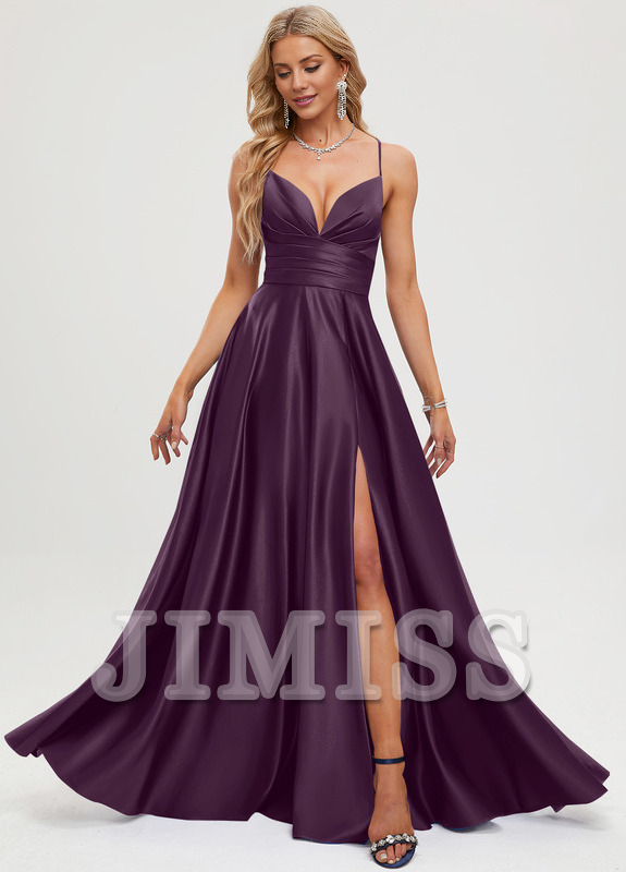 A-line V-neck pleated floor-length satin prom dress