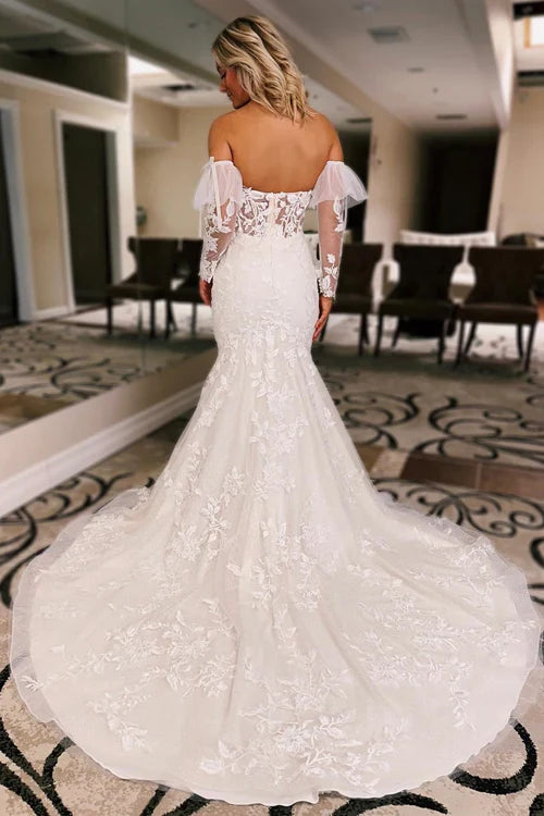 Aimishang Elegant White Floral Lace Sweetheart Mermaid Wedding Dress with Detachable Sleeves