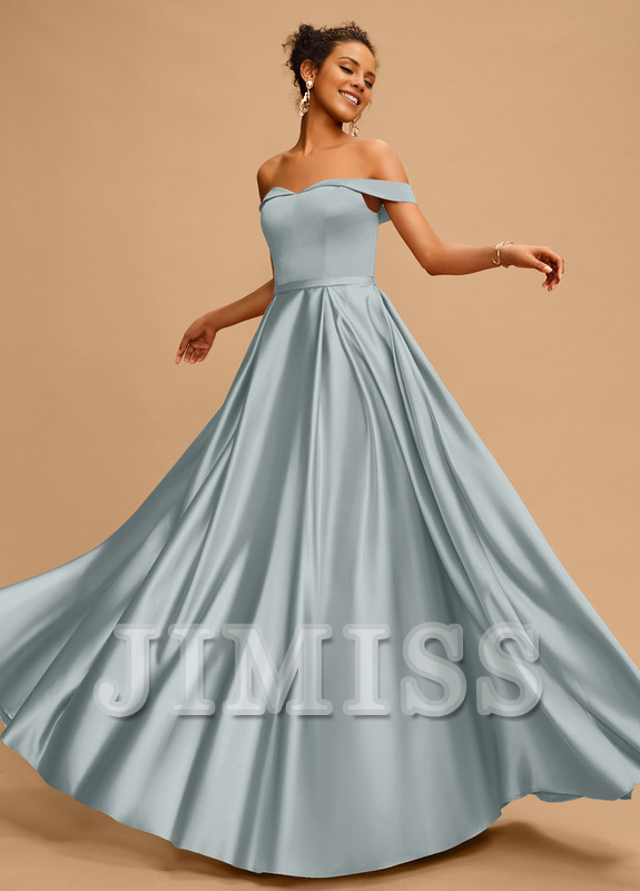 A-line off-the-shoulder floor-length satin prom dress