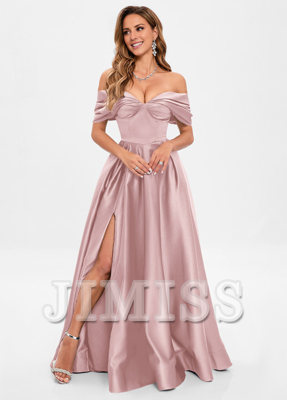 A-line pleated off-the-shoulder floor-length satin prom dress