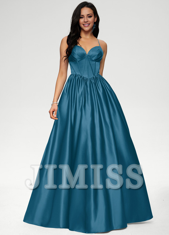 Ball-Gown/Princess V-neck pleated floor-length satin prom dress