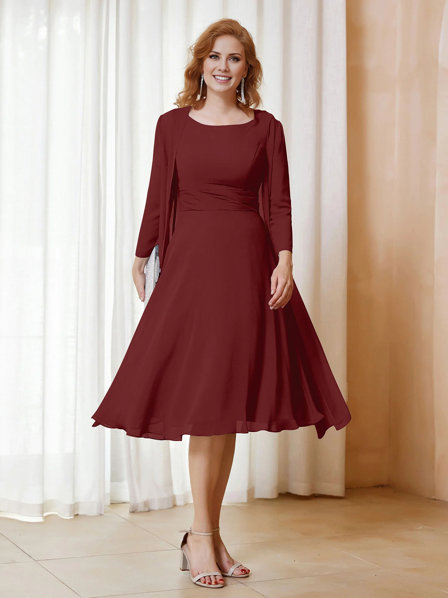 Folded chiffon dress paired with jacket mother of the bride dress