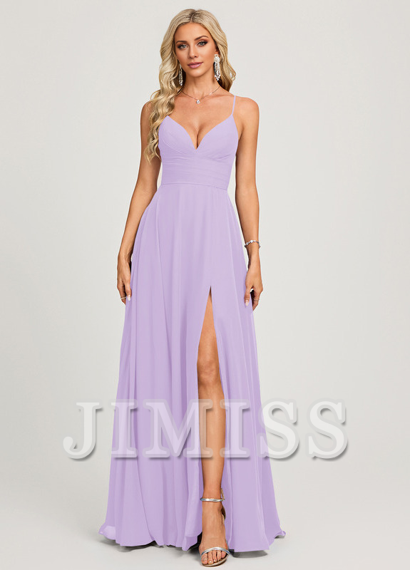 A-line V-neck pleated floor-length chiffon prom dress