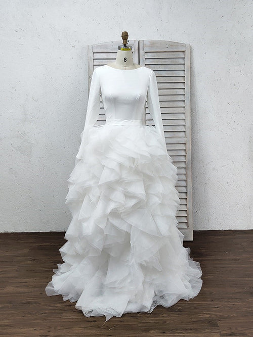Aimishang Elegant A-Line Tulle Ruffles Bateau Long Sleeves Court Train Wedding Dresses