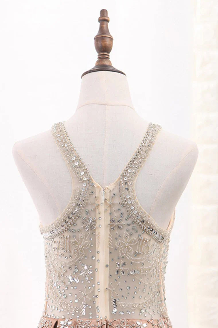 Aimishang A Line Formal Dresses Scoop Satin With Beads Sweep Train