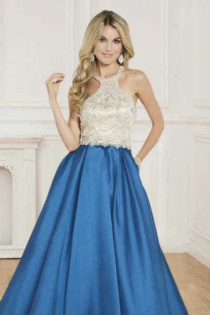 Aimishang A Line Formal Dresses Scoop Satin With Beads Sweep Train