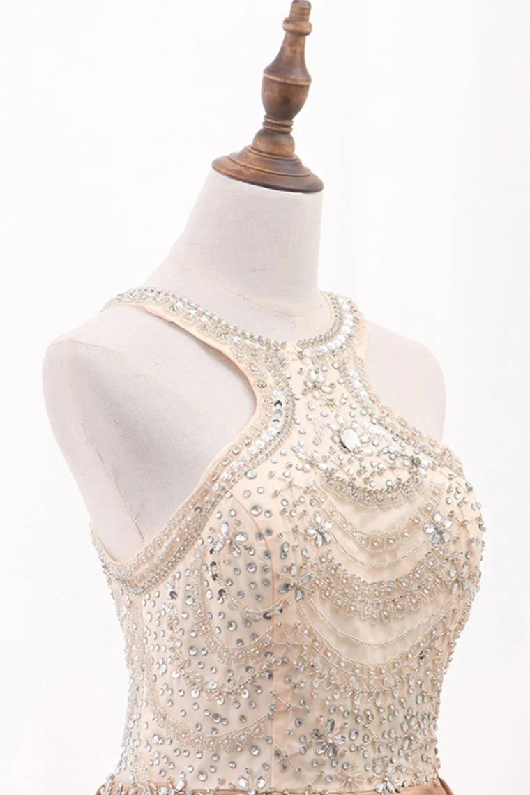 Aimishang A Line Formal Dresses Scoop Satin With Beads Sweep Train