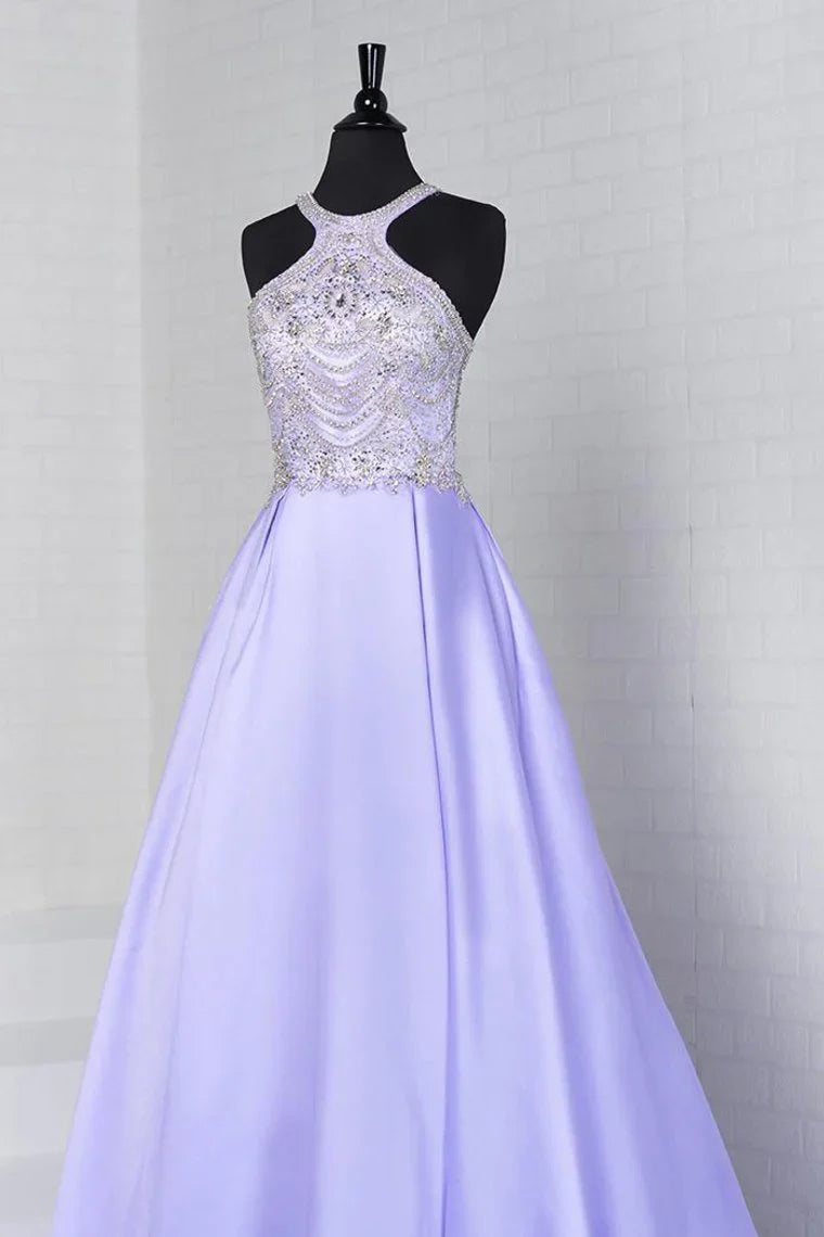 Aimishang A Line Formal Dresses Scoop Satin With Beads Sweep Train