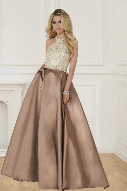 Aimishang A Line Formal Dresses Scoop Satin With Beads Sweep Train