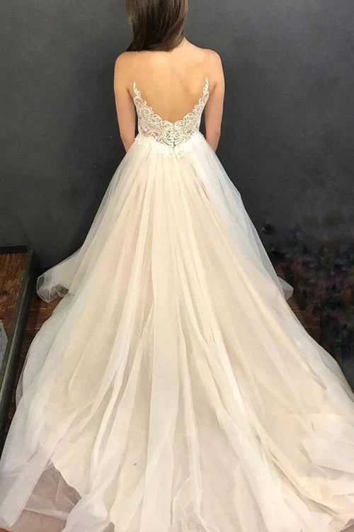 Aimishang Elegant A Line Straps Wedding Dress Tulle With Applique Sweep Train
