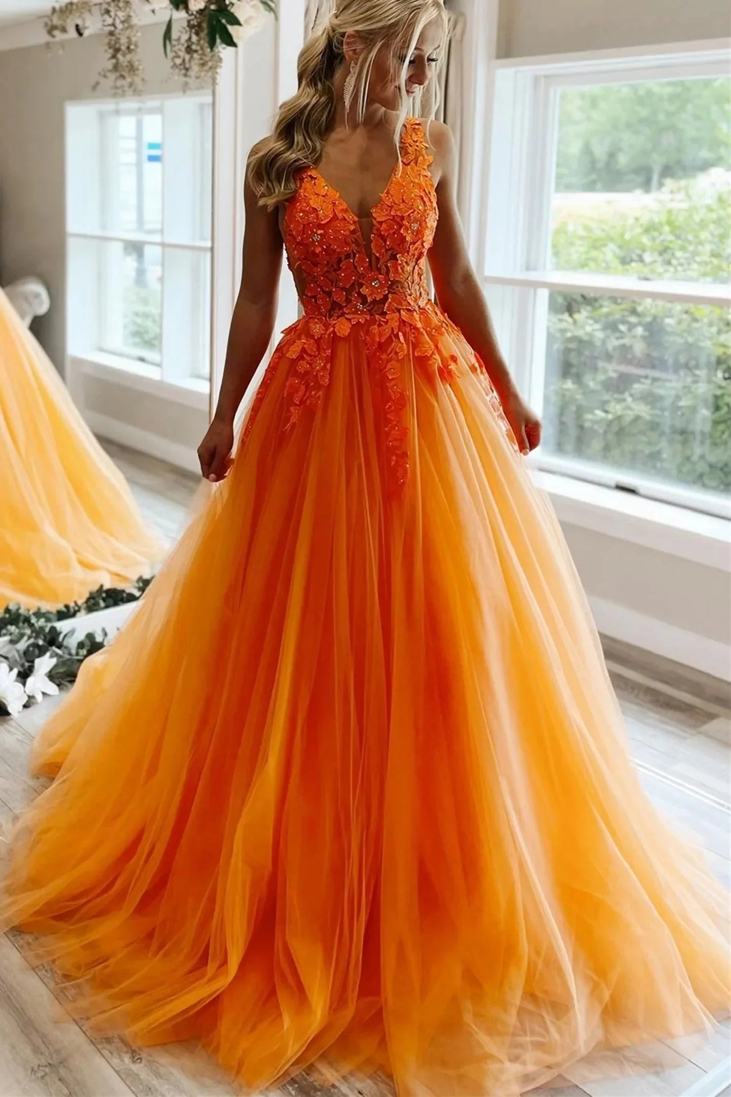 A-Line Tulle Floral Orange Prom Dresses Long Birthday Dress,AST940
