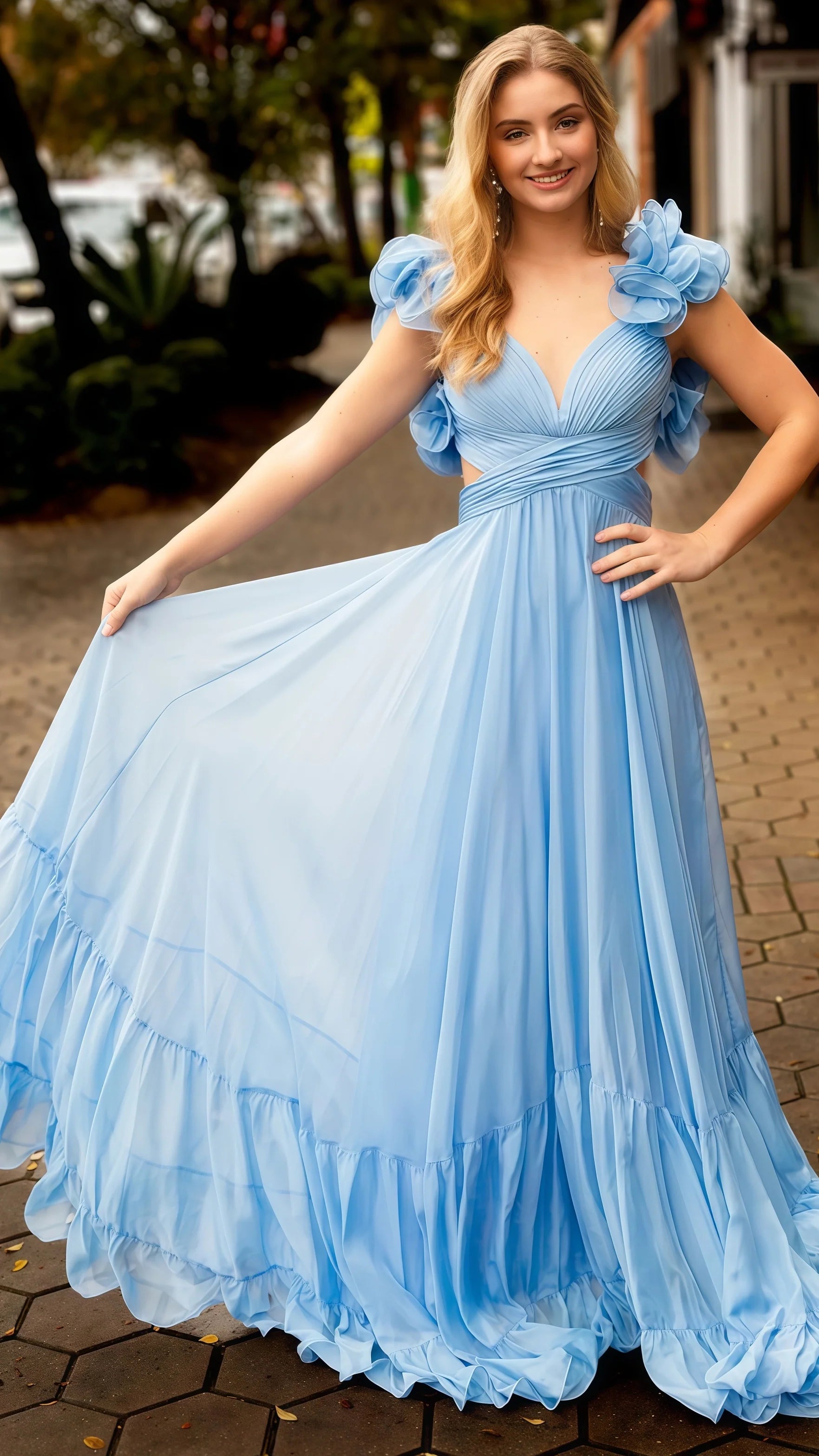 A-Line Orange Prom Dresses With Ruffle Cap Sleeves, V-Neck Senior Prom Dress,AST1647