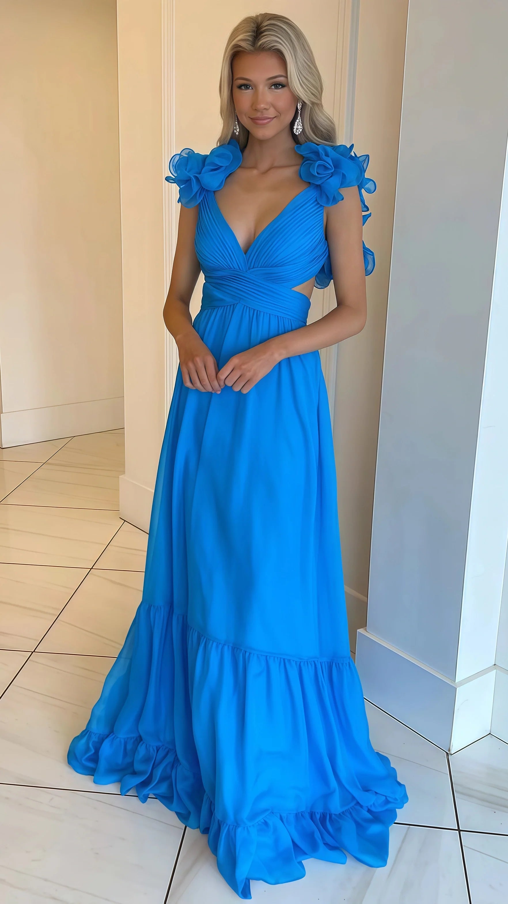 A-Line Orange Prom Dresses With Ruffle Cap Sleeves, V-Neck Senior Prom Dress,AST1647