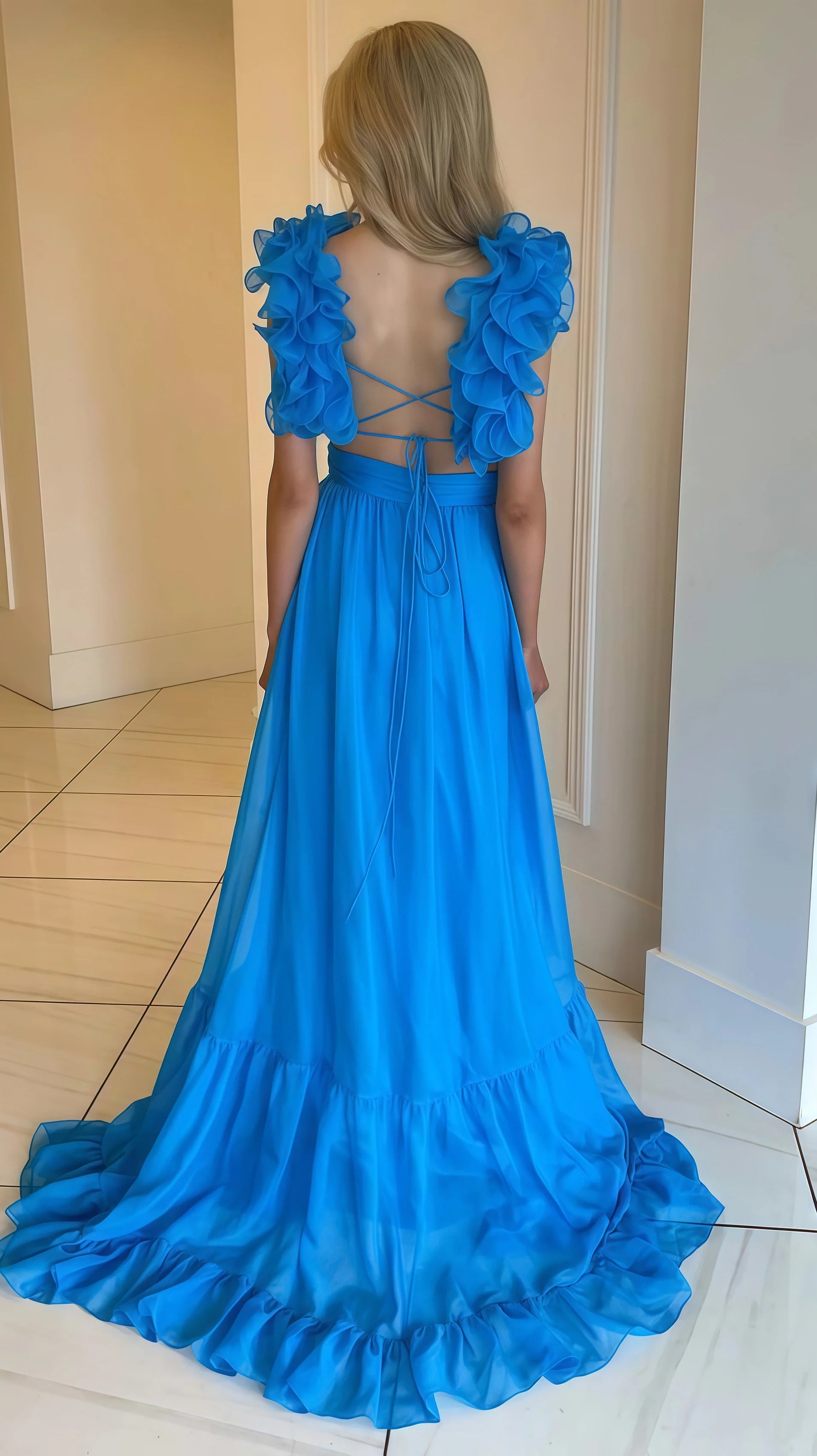 A-Line Orange Prom Dresses With Ruffle Cap Sleeves, V-Neck Senior Prom Dress,AST1647