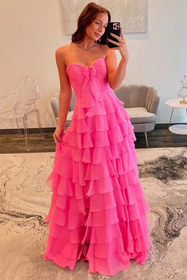 A Line Sweetheart Chiffon Tiered Pink Prom Dress with Bow TP1348