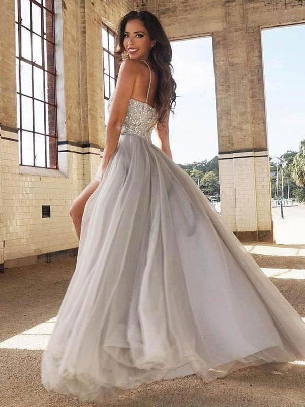 A-line Spaghetti Strap Sweep Train Tulle Prom Dresses With Beading TP1057