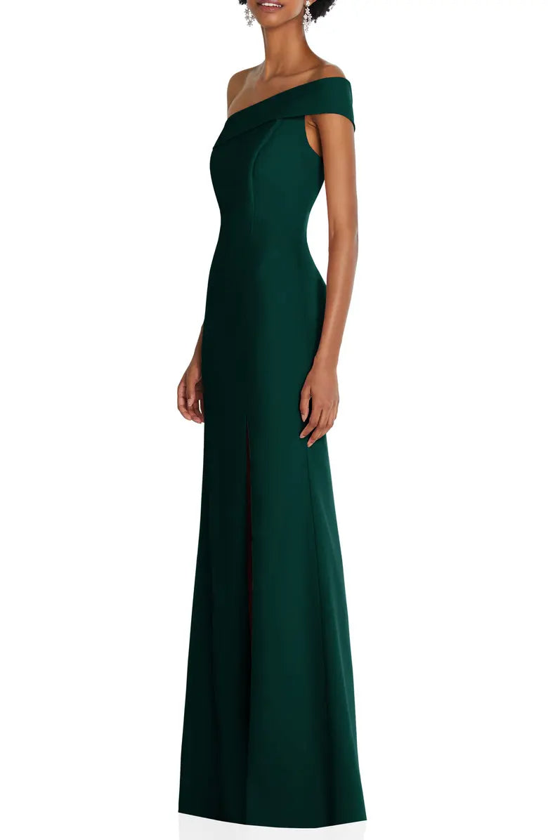 Simple and noble one shoulder off the shoulder and floor length off the back evening dress