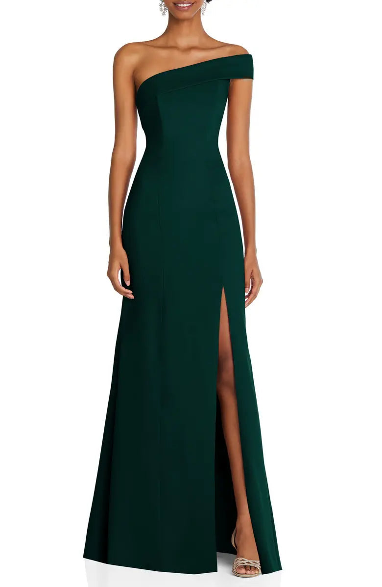 Simple and noble one shoulder off the shoulder and floor length off the back evening dress