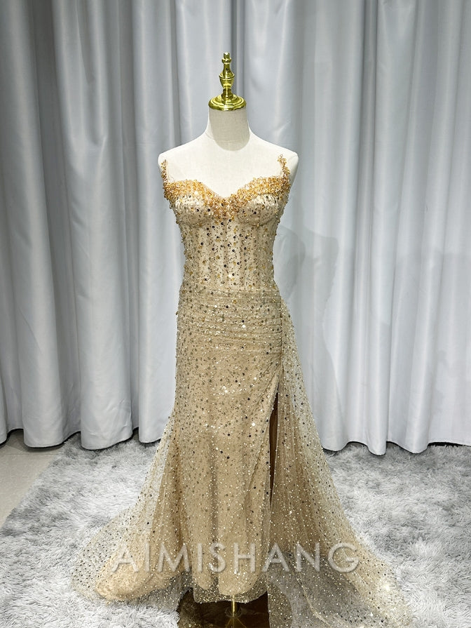 Wholesale Elegant Formal Wear Dresses Strapless Champion Sequin Long Prom Dress Slit Evening Gown Charming Party Dress