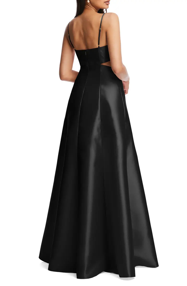 Noble thin shoulder strap open shoulder hollowed out satin surface backless and floor length evening dress