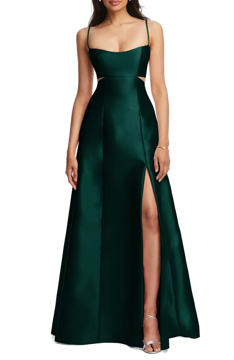 Noble thin shoulder strap open shoulder hollowed out satin surface backless and floor length evening dress