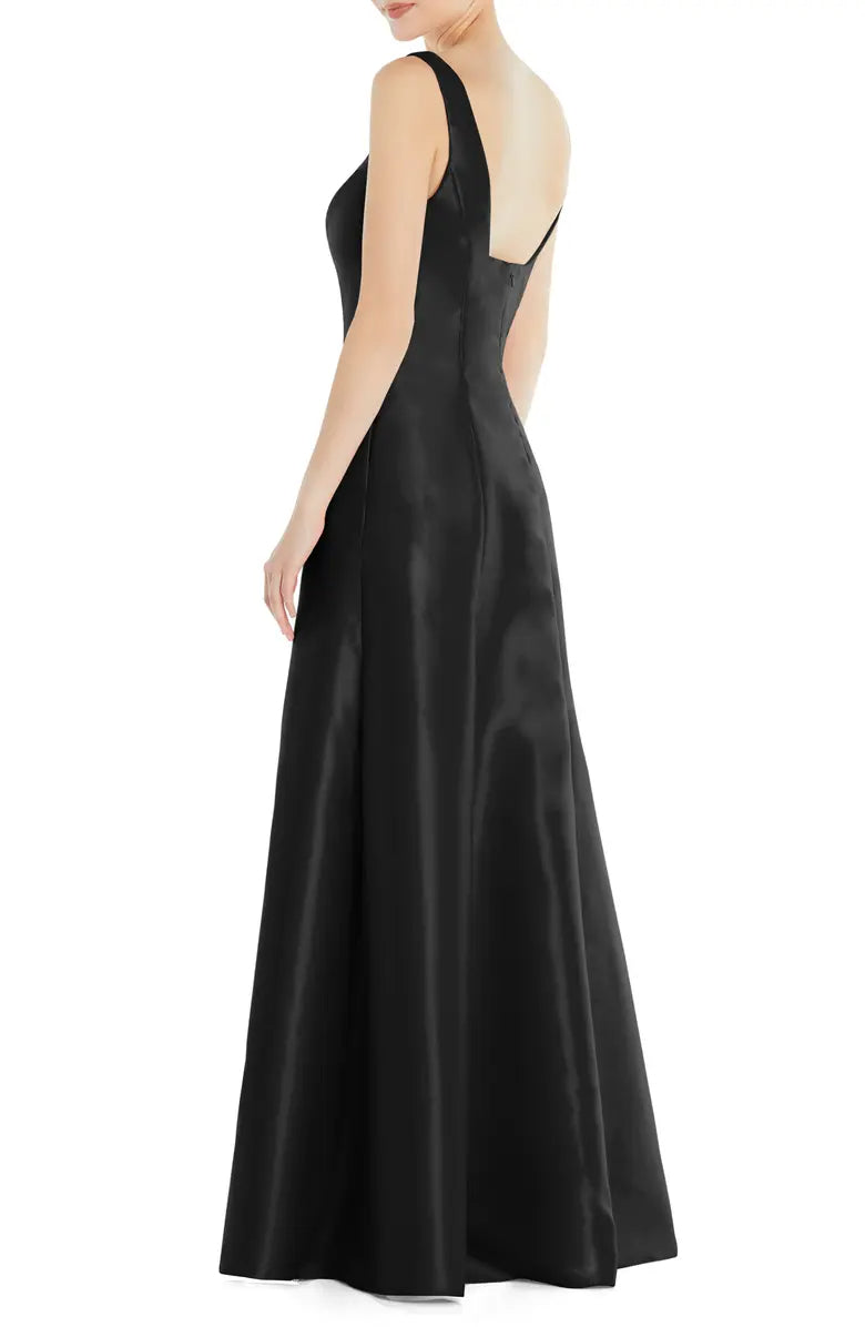 Simple and elegant A-shaped off shoulder square collar with satin and floor length front slit and backless evening dress