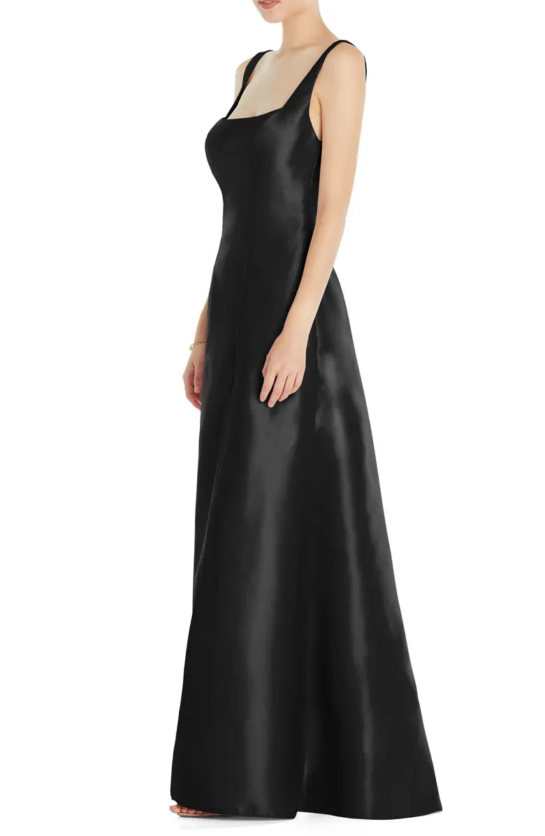 Simple and elegant A-shaped off shoulder square collar with satin and floor length front slit and backless evening dress