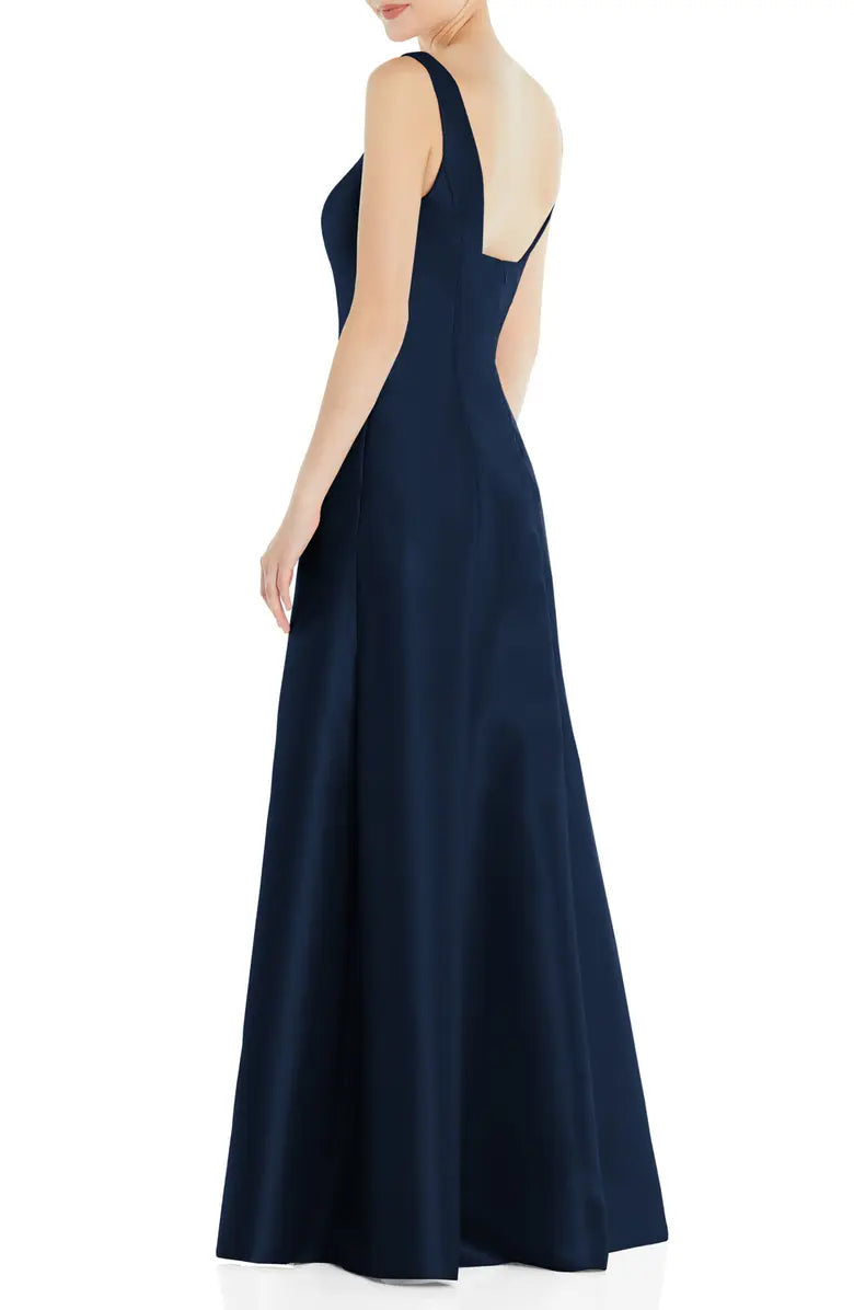 Simple and elegant A-shaped off shoulder square collar with satin and floor length front slit and backless evening dress