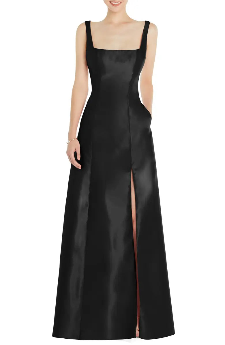 Simple and elegant A-shaped off shoulder square collar with satin and floor length front slit and backless evening dress