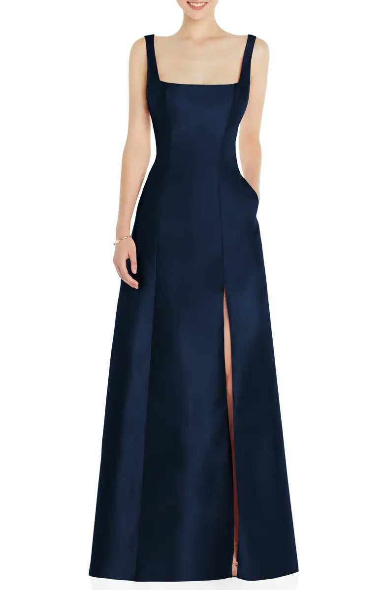 Simple and elegant A-shaped off shoulder square collar with satin and floor length front slit and backless evening dress