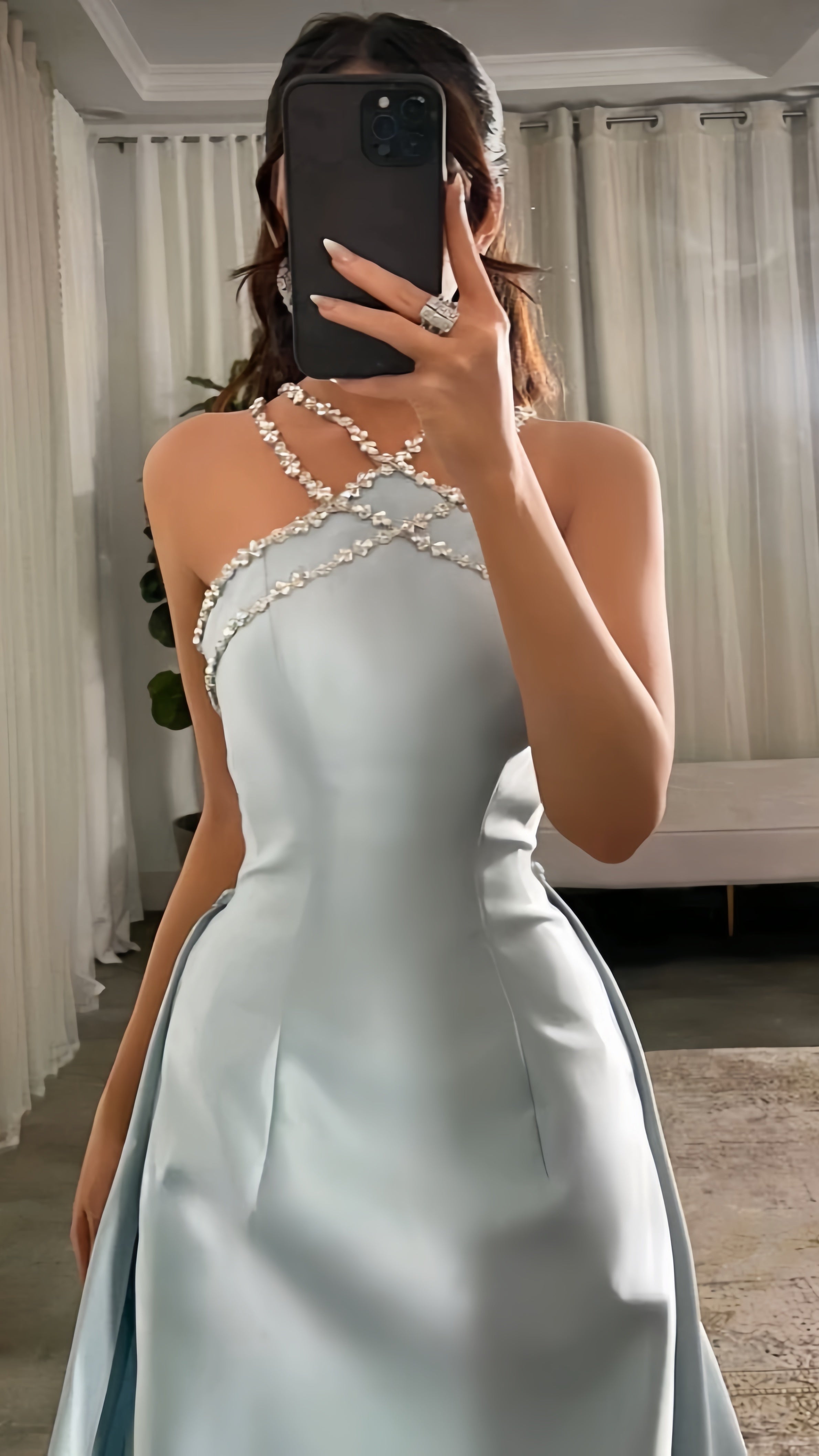 Baby Blue Mermaid Prom Dress With Beaded Neck,AST1711