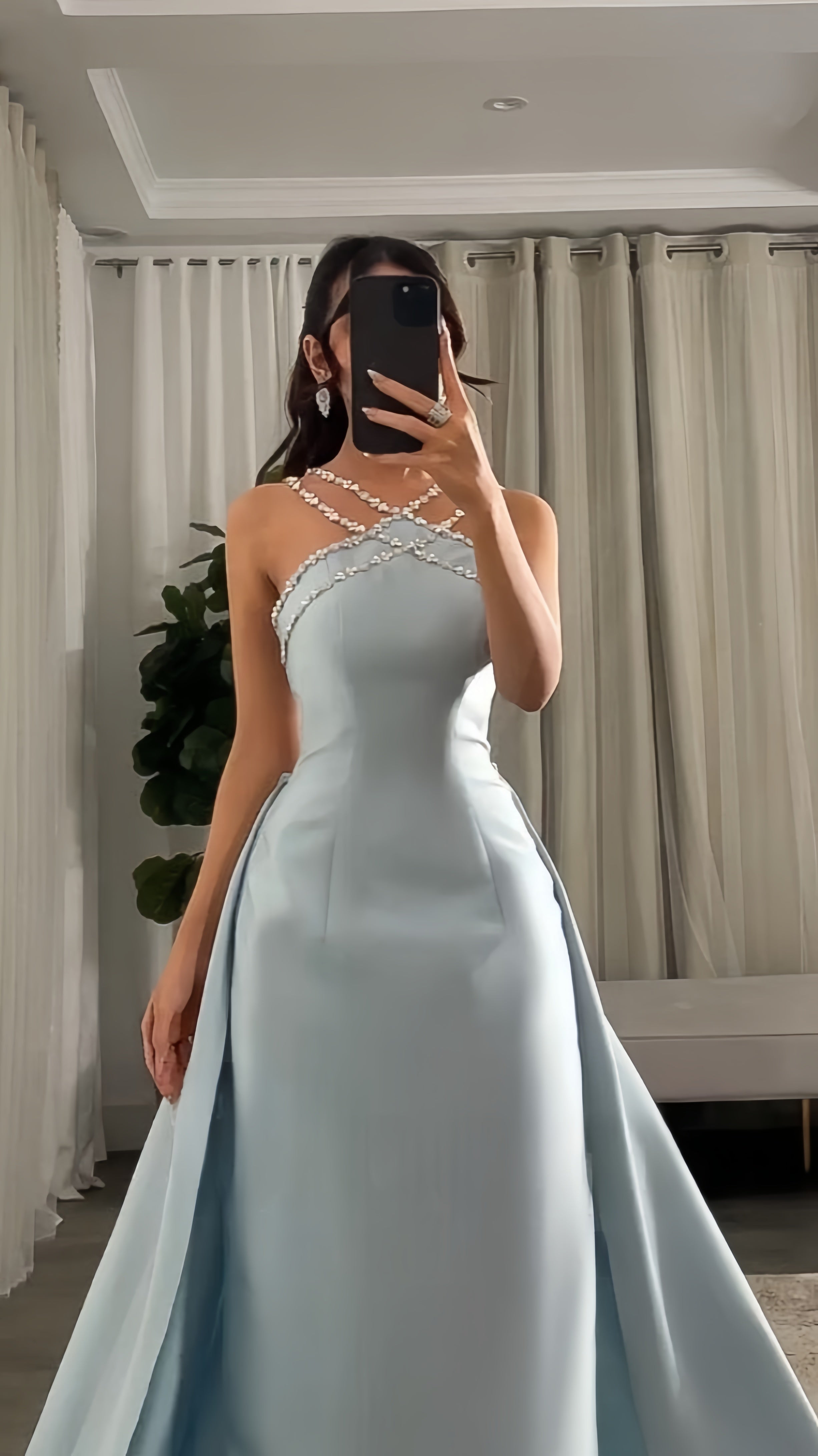 Baby Blue Mermaid Prom Dress With Beaded Neck,AST1711